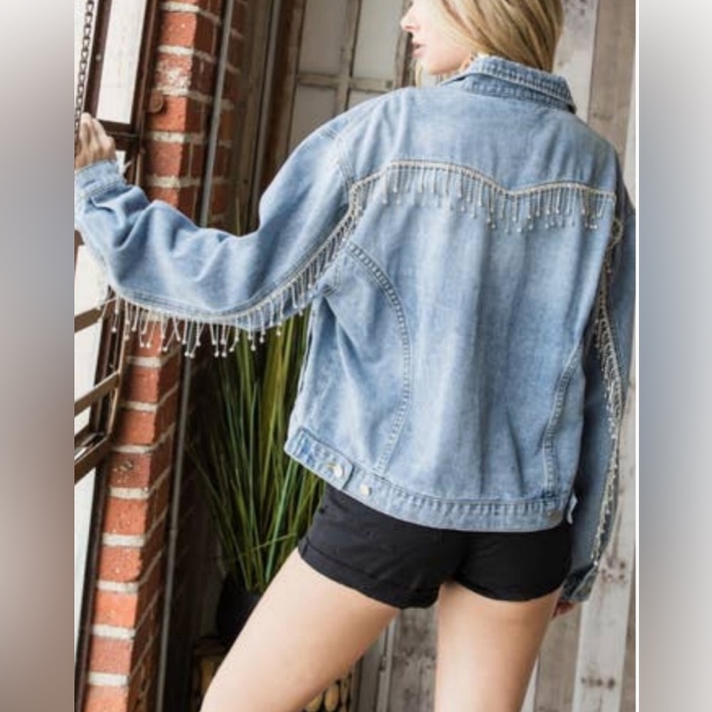 Vervet Medium Wash Silver Rhinestone Fringe Denim Jacket